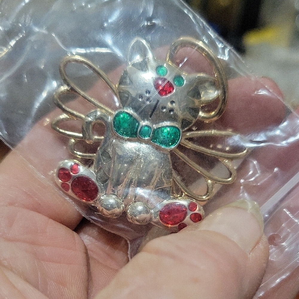 Gold Cat Brooch with Red and Green Accents